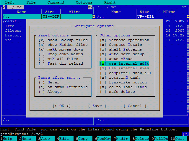 debian mcedit use internal editor